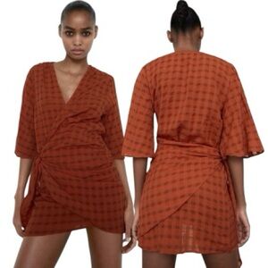 Zara Medium The Carla Dress Orange Double Wrap Mini Dress‎ Half Sleeve Euro NWT